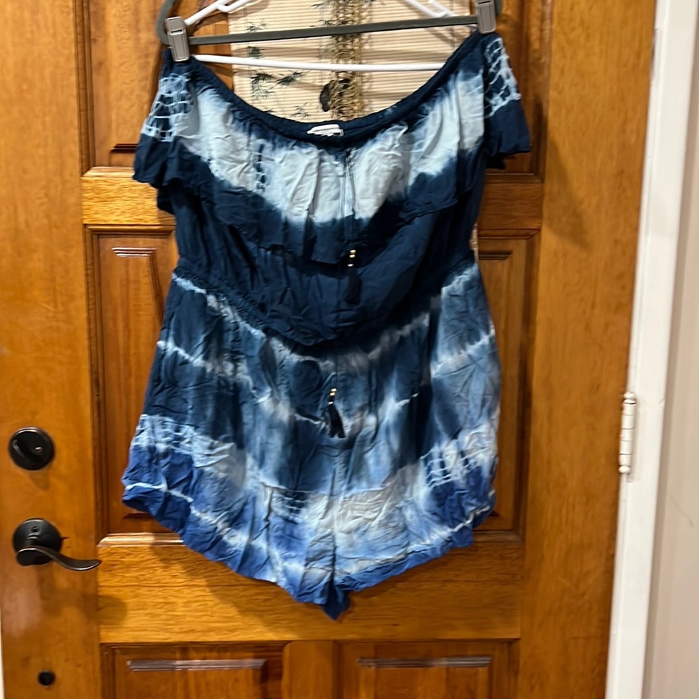American Eagle Outfitters Blue Tie-Dye Off-Shoulder Romper